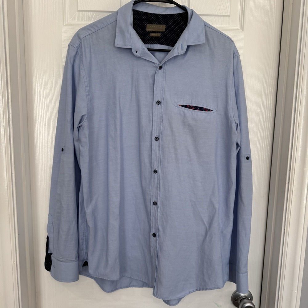 ZARA Mens Large Blue & Floral Long Sleeve Collared Button Down Shirt XL Slim Fit